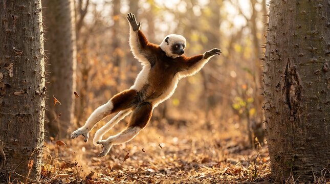 Energetic white and brown lemur leaping mid-air between spiny tree trunks in a dry forest during golden hour with fallen autumn leaves scattering on the ground