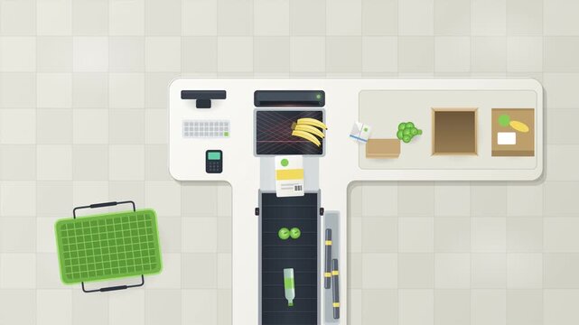 Top Down View of Supermarket Cashier Conveyor Belt with Grocery Items Passing Barcode Scanner