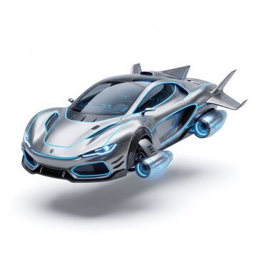 Futuristic flying car with glowing blue neon lights, silver metallic hovercraft vehicle, advanced sci-fi hovercar on white studio background