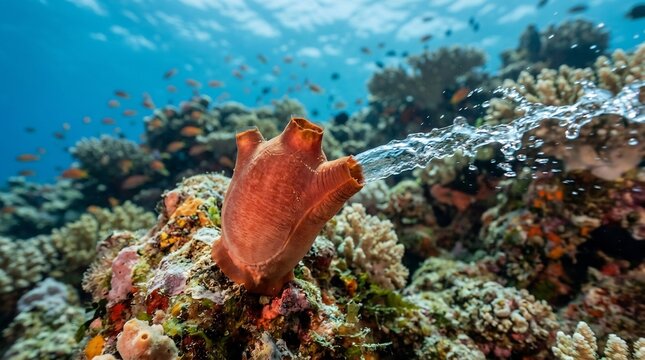 Orange Marine Tunicate Organism Expelling Water in Coral Reef Habitat, Close-up of Sea Invertebrate in Ocean