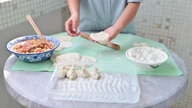 Housewife making dumplings by hand at home