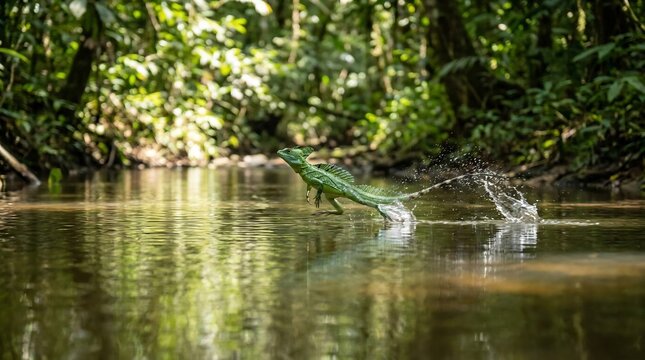Green basilisk lizard running across the surface of a calm forest stream, creating water splashes in a lush tropical jungle environment with dense green foliage background