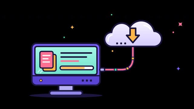 Animation of a flat computer screen connected to a cloud icon. A download arrow appears in the cloud and data is transferred to the computer. Suitable for concepts like data transfer, cloud computing,