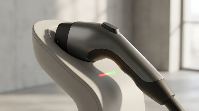 Close up of an electric vehicle charger with a color energy indicator, showing charging efficiency, electricity use, power consumption, and sustainable mobility