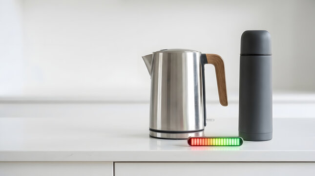 Electric kettle and insulated bottle on a kitchen counter with an energy efficiency indicator, showing appliance power use, electricity savings, and household efficiency