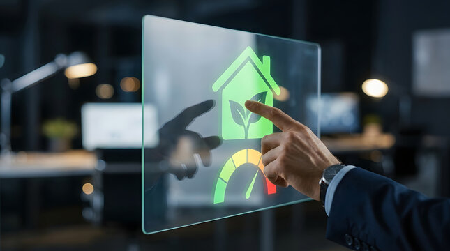 Business hand adjusting a digital smart home energy efficiency gauge for property performance assessment and residential energy rating
