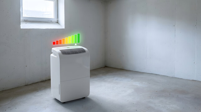 Portable air conditioner in an empty room with a color energy rating indicator, showing cooling efficiency, electricity use, and residential energy performance