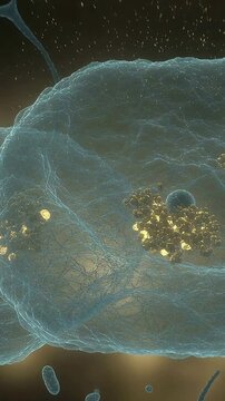 Vertical video: Drifting dark vesicle hitting large cell under lens, causing gold shift and bud