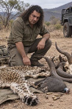 Man kneeling beside leopard skin, antelope horns and spent cartridges in dry bush landscape