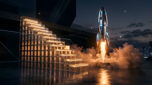 Rocket launching beside glowing golden steps represents startup scaling strategic milestones rapid expansion and successful business development.