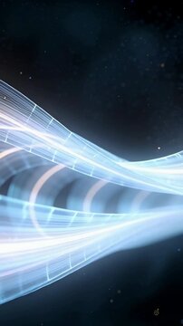 Vertical video: Expanding rings opening tunnel, revealing ribbon with grid lines across space