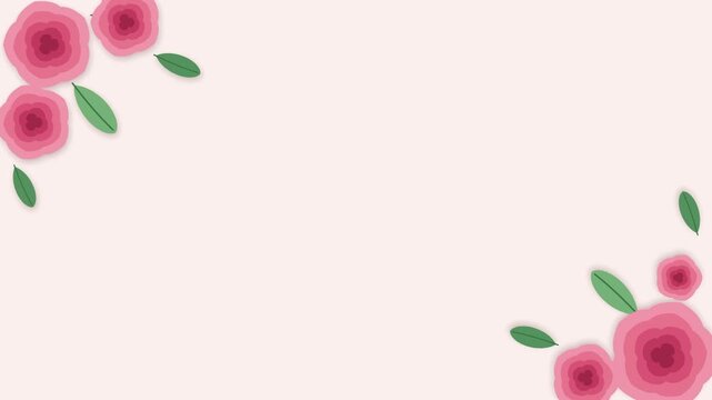 Animated flat design papercut pink roses diagonal opposite corner border with blank copy space