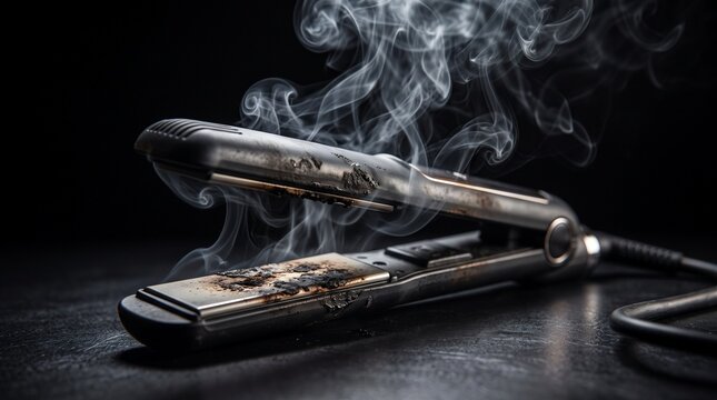 Broken and smoking flat iron hair straightener showing electrical damage