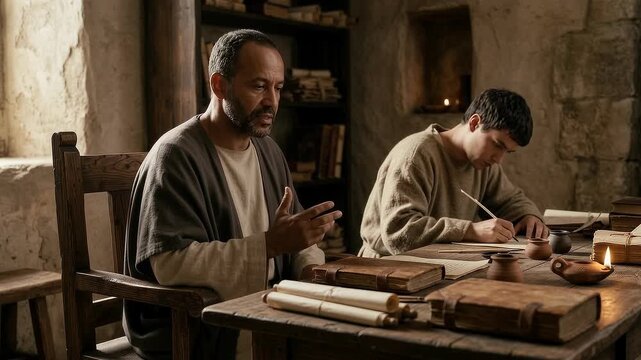 Early Christian Bishop Dictating a Theological Letter to a Scribe, Historical Church Scene of Faith, Doctrine, Scripture, Leadership, Wisdom, Teaching, Authority and Religious Communication
