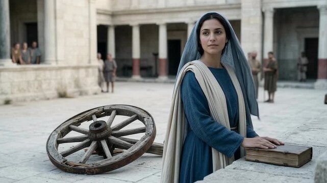 Christian Woman Standing Beside a Broken Wheel in a Roman Courtyard, Symbolic Historical Martyrdom Scene of Faith, Courage, Persecution, Endurance, Defiance, Suffering and Sacred Conviction