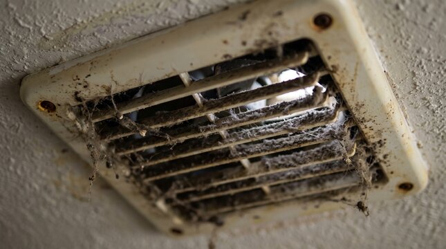 Dirty and dusty air vent on a ceiling, showing neglect and poor hygiene