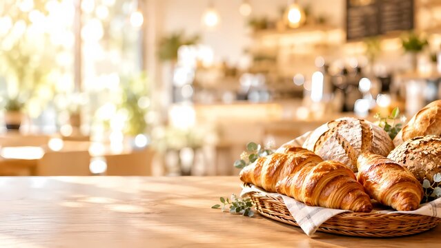 Assortment of fresh baked croissants and artisanal breads in a wicker basket on wooden counter in a cozy bakery.