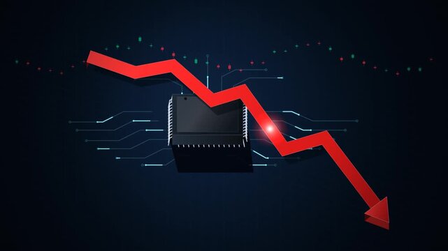 Premium cinematic motion background of a sleek dark enterprise semiconductor microchip with animated glowing circuit traces, overlaid with an extruded 3D crimson downward crash trend arrow and backgro