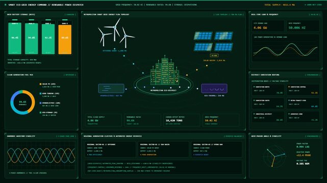 Futuristic clean energy smart grid HUD dashboard motion graphics featuring interactive eco-city energy topology, rotating wind turbines, solar generation, mega-battery storage telemetry, and power loa