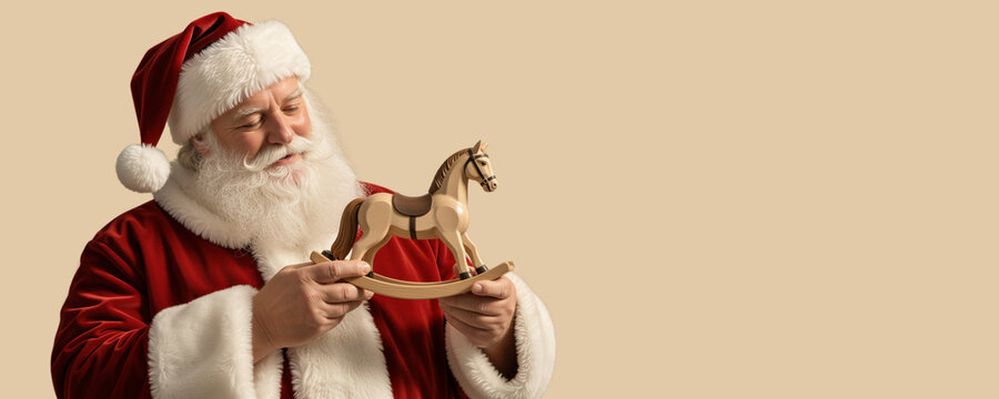Santa Claus holding a traditional wooden rocking horse toy. Happy Santa admiring handcrafted vintage gift against beige background. Christmas workshop banner with copy space