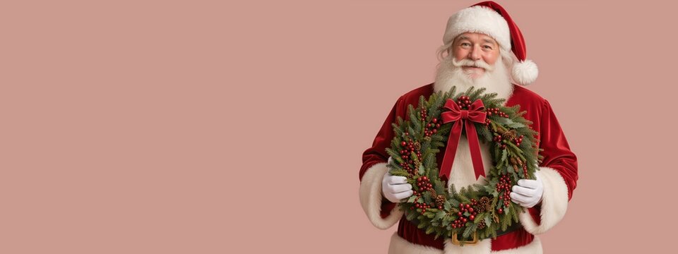 Santa Claus holding traditional Christmas wreath on pink background. Festive holiday banner with copy space for seasonal greeting