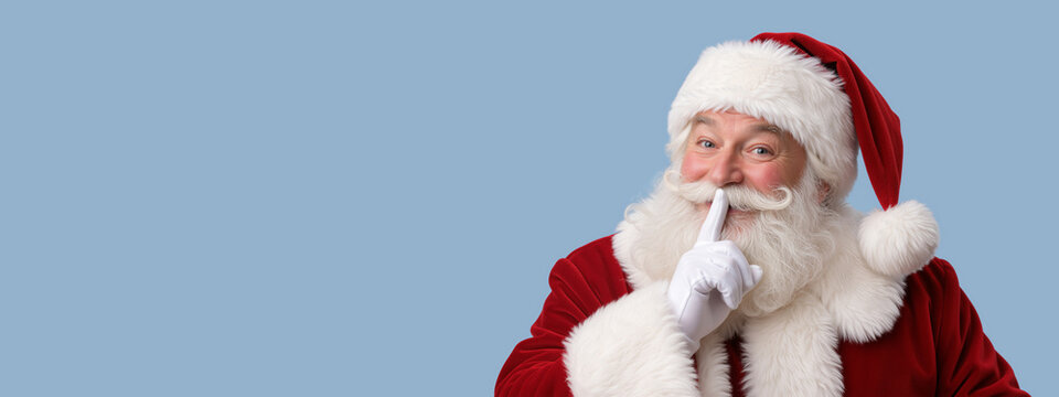 Santa Claus holding finger to lips in secret gesture on solid clean pastel blue background. Wide Christmas banner with copy space.