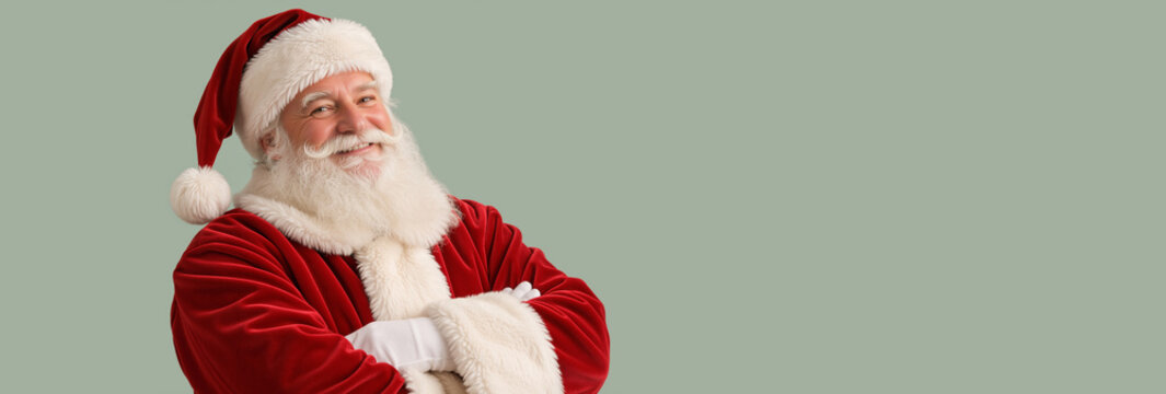 Smiling Santa Claus with arms crossed against green background. Cheerful traditional Santa in red velvet suit. Christmas holiday panoramic  banner with copy space