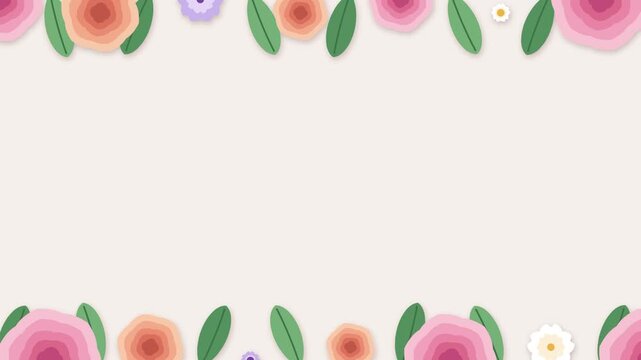 Animated flat design papercut floral top and bottom frame with blank copy space on beige background
