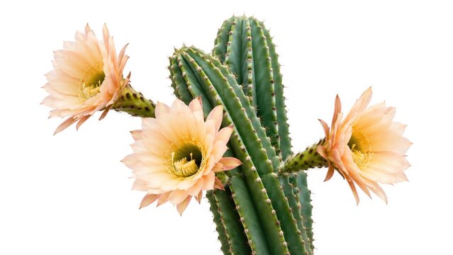 Green ribbed cactus with three pale peach-orange flowers isolated on a white background