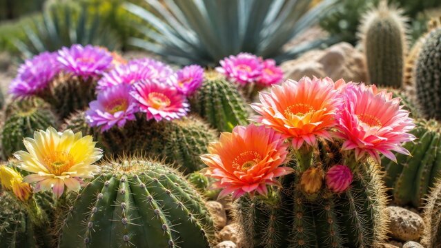 Bright orange, pink and yellow cactus flowers blooming on round barrel cacti in a sunlit desert succulent garden
