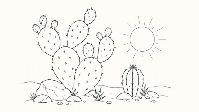 Black and white line drawing of prickly pear and barrel cacti in a sunny desert scene with rocks and small desert plants