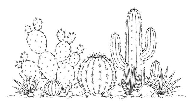 Line drawing of various desert cacti and succulents with rocks - prickly pear, saguaro, barrel cactus and agave in a black-and-white outline suitable for coloring