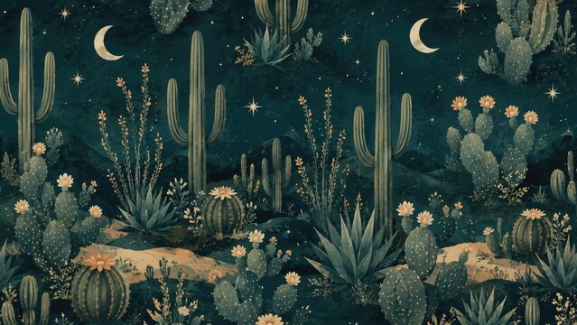 Stylized starry desert night scene with cacti, succulents, crescent moons and blooming flowers in teal and gold tones