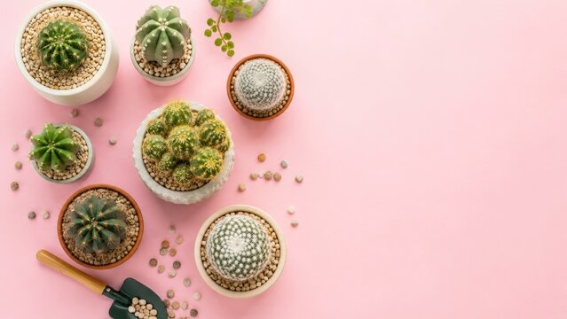 Top-view arrangement of small potted cacti and succulents on a pink background with pebbles and a tiny garden trowel
