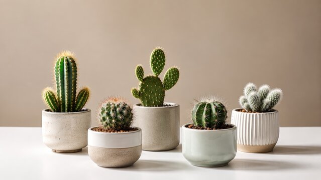 Five small potted cacti in ceramic pots on a neutral tabletop, minimalist indoor plant arrangement