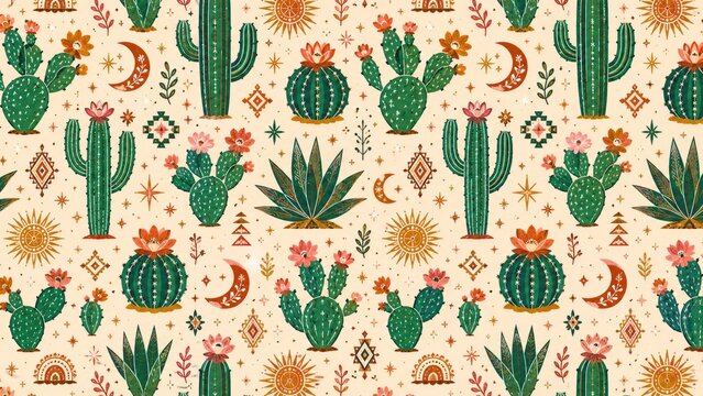 Colorful boho pattern of hand-drawn cacti, succulents, moons and suns on a beige background