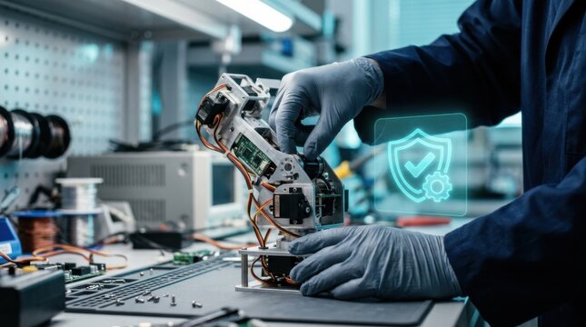 Engineer inspecting a humanoid robotic arm with circuit boards and a compliance certification icon in a testing lab.