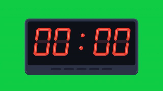 LED countdown timer 5 to 0 seven segment digital clock on green screen