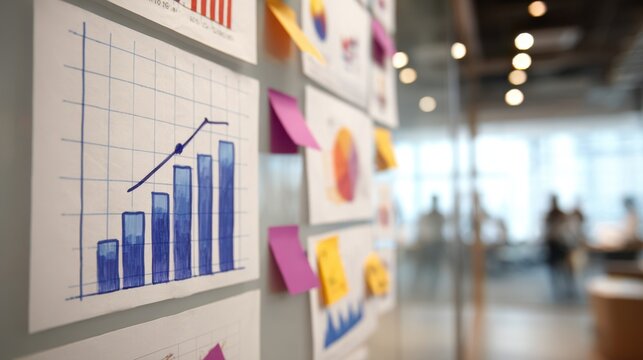 Medium shot showing a stylized bar graph of shelter resource allocation in sharp focus on the operations board with adjacent charts and notes intentionally blurred to isolate the