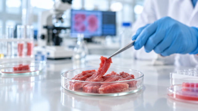 Lab Grown Cultivated Meat Sample Examined with Tweezers in Food Biotechnology Laboratory