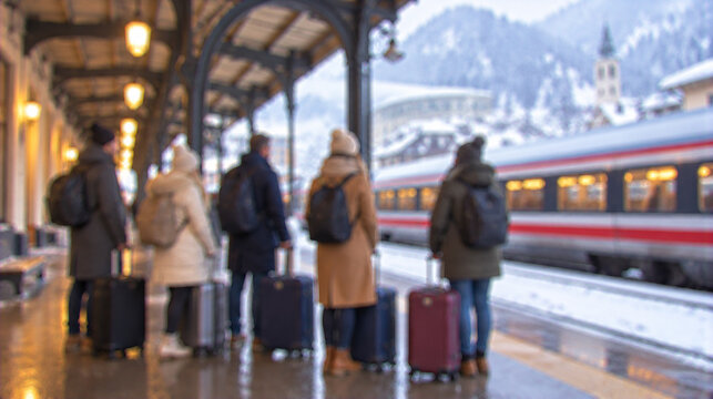 Travelers Waiting on Covered Platform at Traditional European Railway Station in Winter