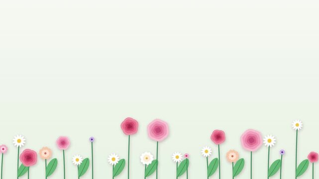 Animated flat design spring floral bottom border with blank copy space on pastel green background