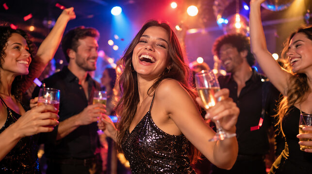 Young Adults Celebrating at Nightclub Party with Friends in Modern Urban Nightlife