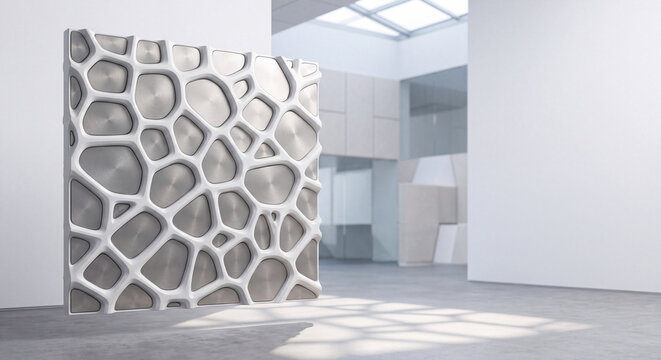 Modern parametric wall panel with organic cellular metal pattern in gallery