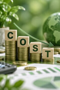 Cost Reduction and Expense Saving Strategy in Corporate Finance, Illustrated with Descending Coin Stacks, Wooden Blocks, and a Downward Arrow.