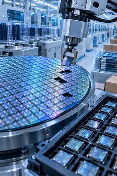 Close-up 3D render of silicon dies with integrated circuits extracted from a semiconductor wafer during microchip fabrication and packaging process, highlighting nanotechnology and