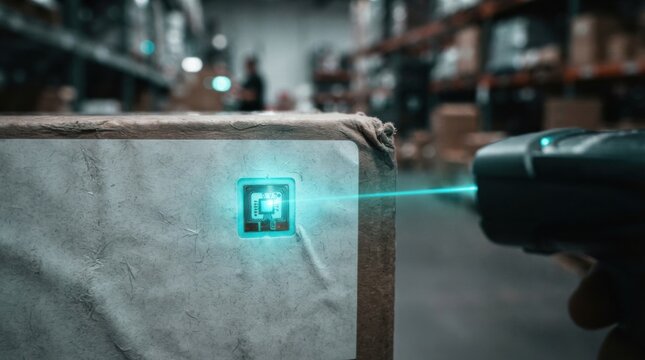 Glowing RFID chip embedded in a shipping label scanned inside a warehouse for automated asset tracking