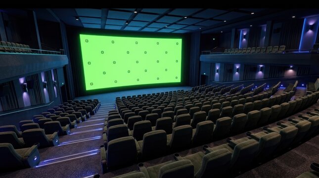 Empty cinema theater with a large green screen.