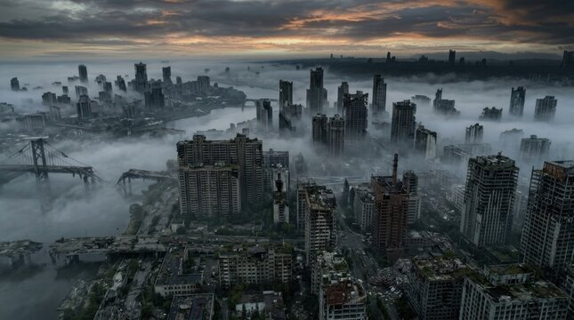 Dystopian cityscape with ruined skyscrapers shrouded in thick mist.