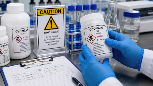 Gloved hands handling a cadmium toxic chemical bottle in a laboratory with caution warning sign, test tubes, glassware and a sample log on the bench
